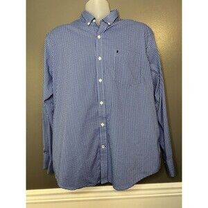 IZOD Shirt Mens Large Blue Gingham Button Down Non-Iron Stretch Long Sleeve